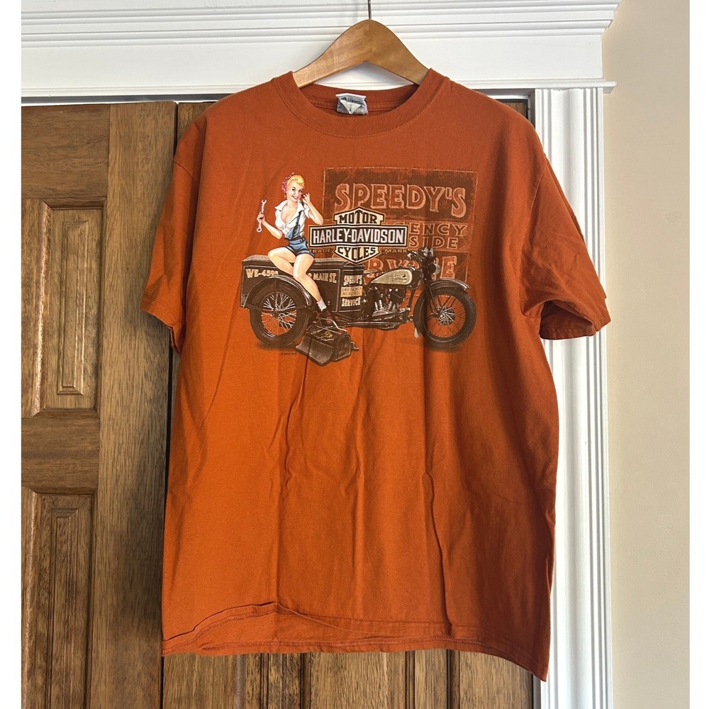 Harley Davidson 2014 Speedy's Pinup T-Shirt Burnt Orange Kane\'s L Bikercore Y2K - Picture 5 of 6